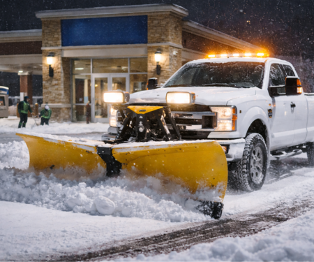 truck plowing snow at a bank during a winter storm